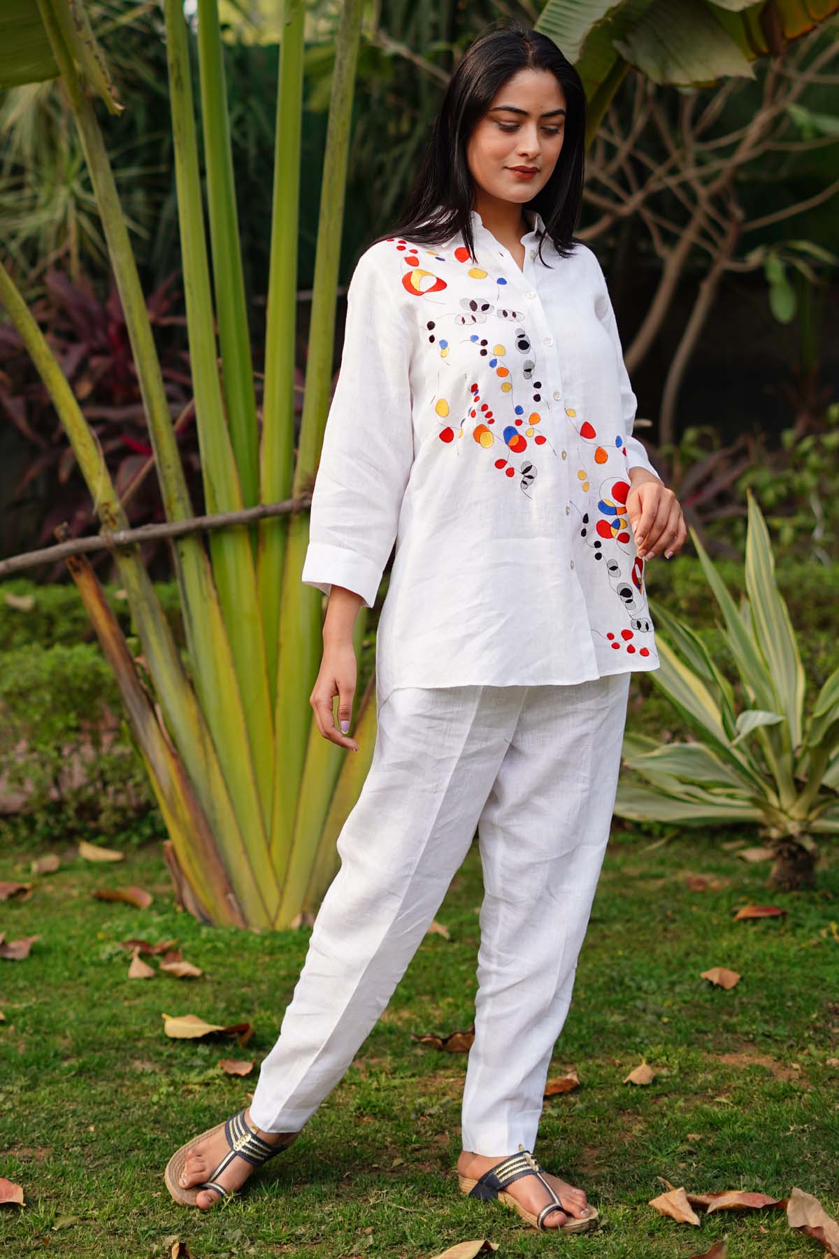 Designer Linen Bloom Bohemian Breezes: White Linen Shirt with Delicate Embroidery For Women Online at ScrollnShops