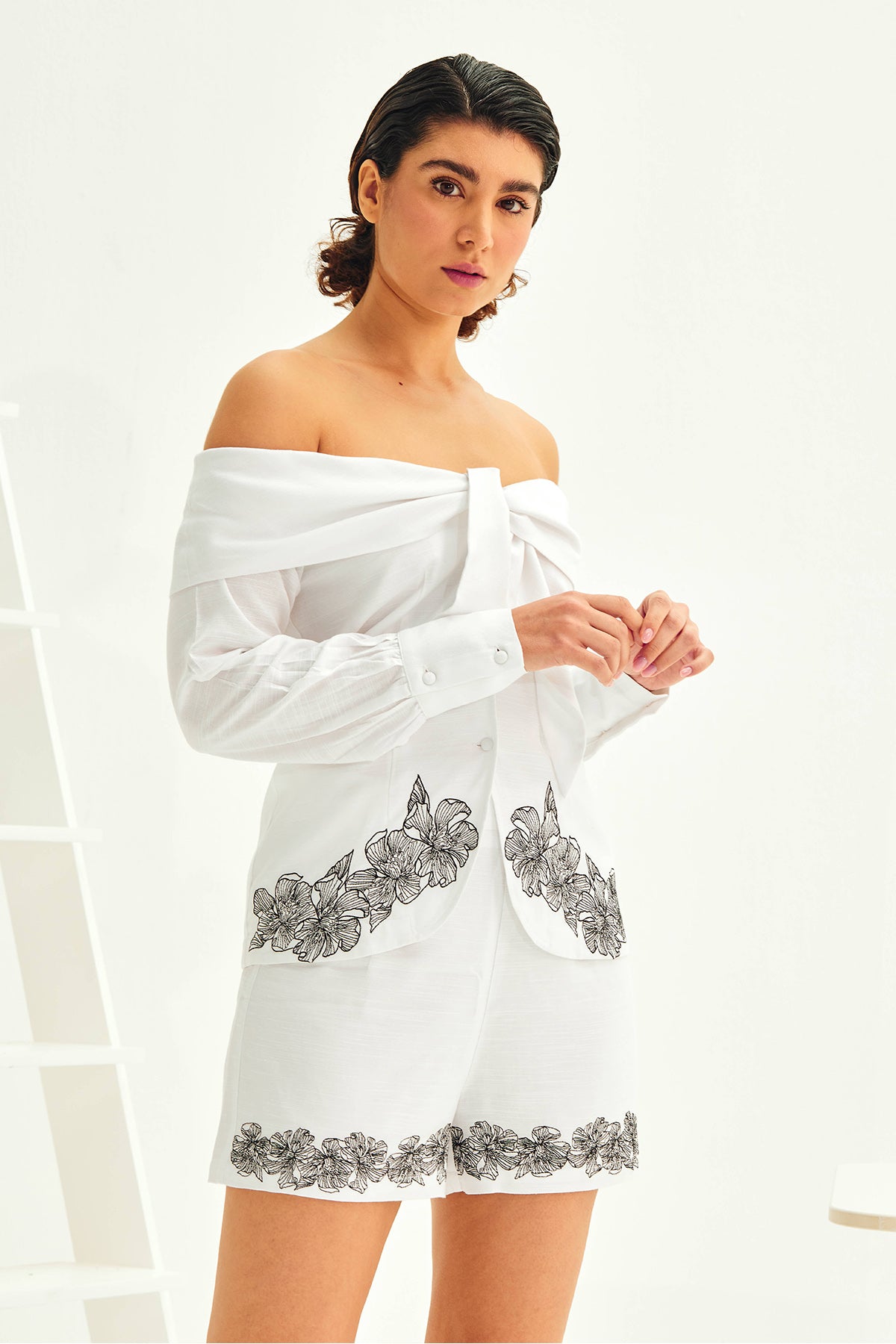 White Linen Embroidered Shorts