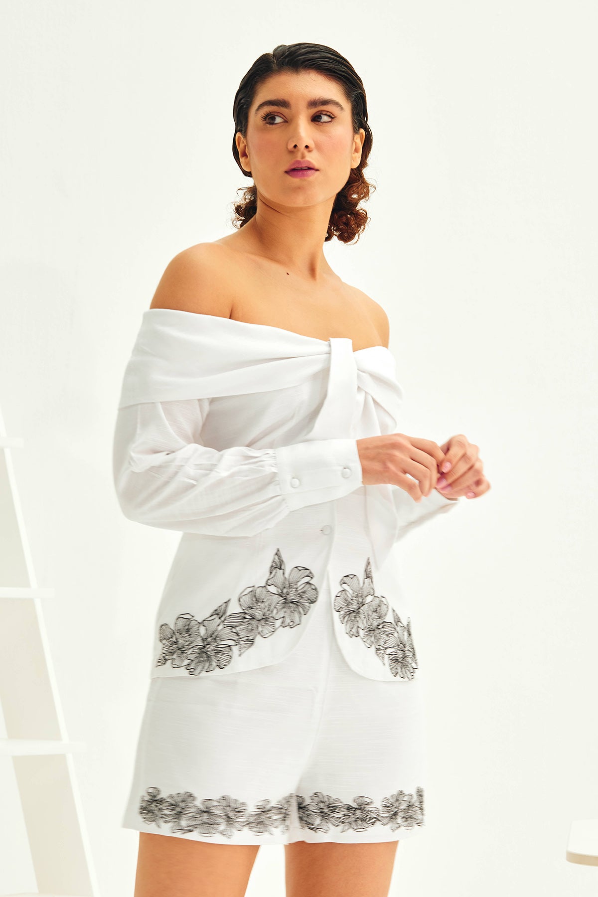 White Linen Embroidered Shorts