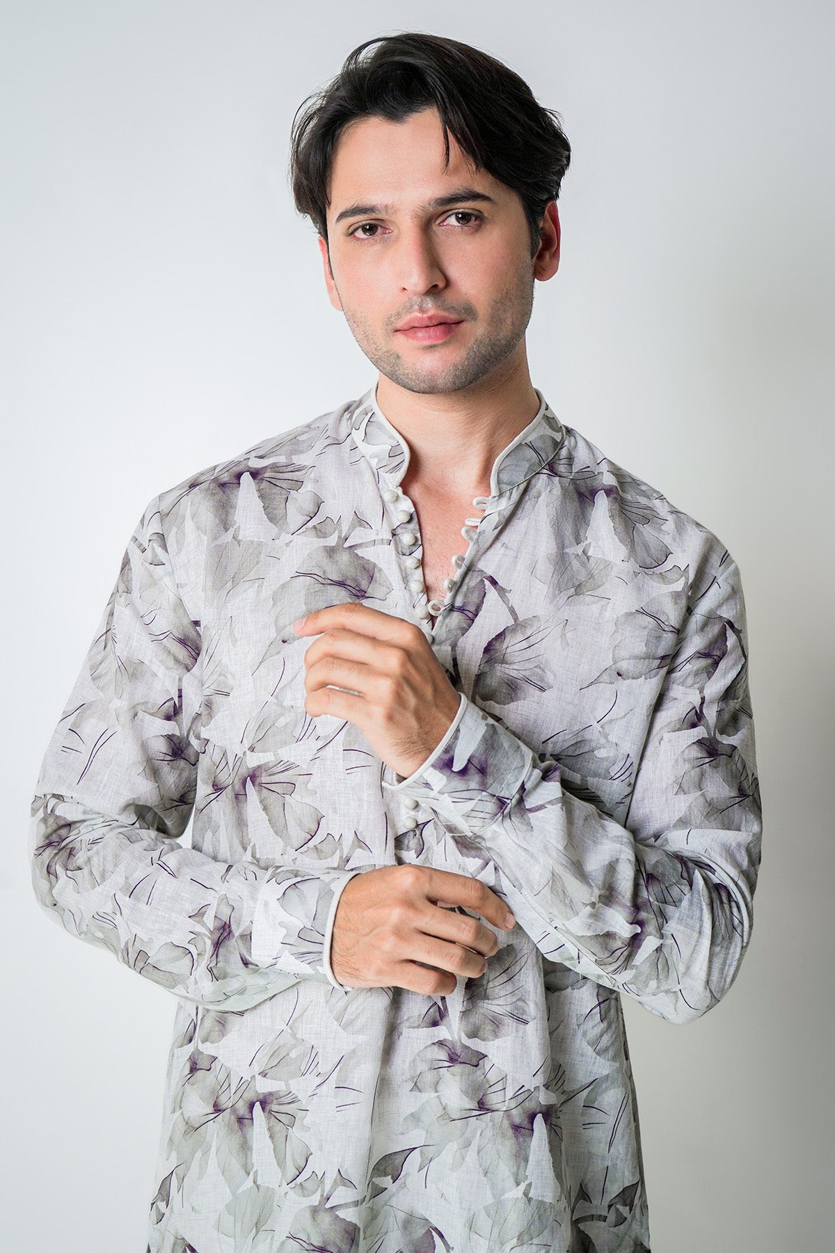 White Linen Floral Kurta Set