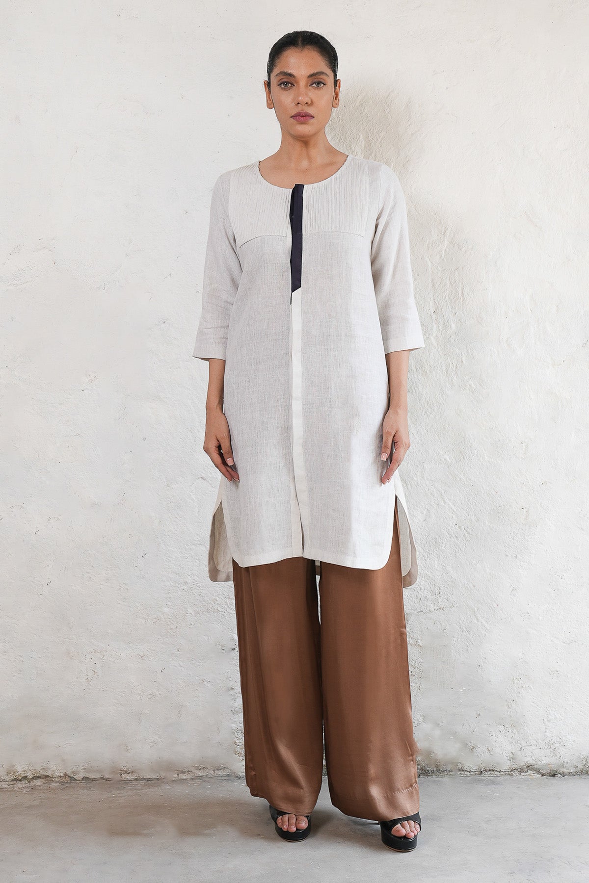 White Linen Pleated Kurta Set