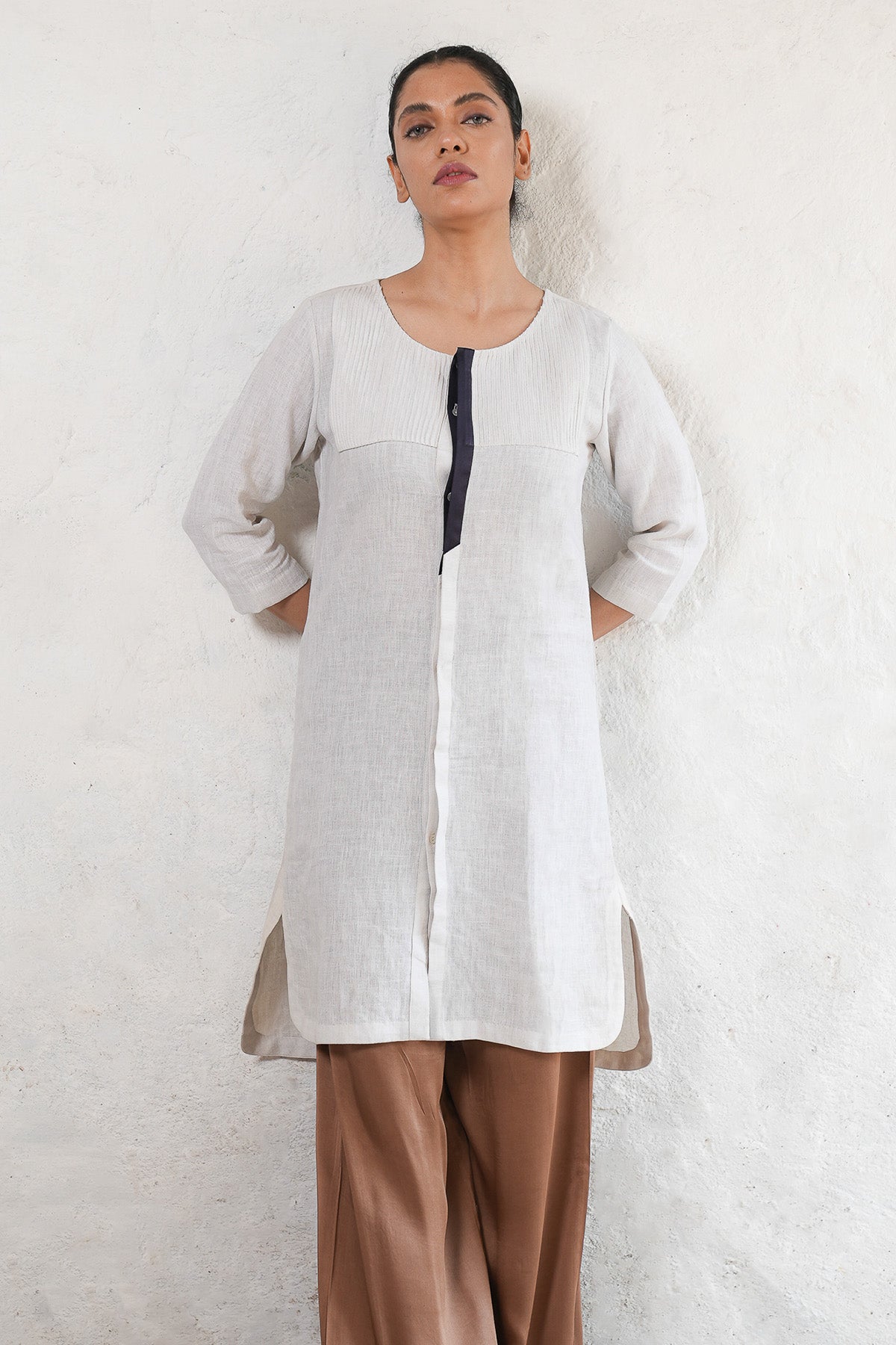 White Linen Pleated Kurta Set
