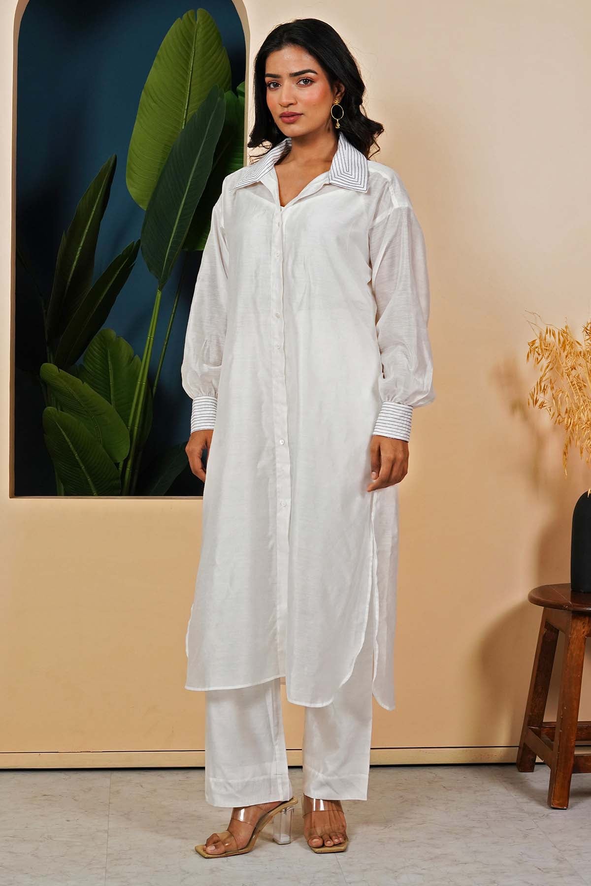 Imrie White Long Collar Kurta & Pants for women online at ScrollnShops