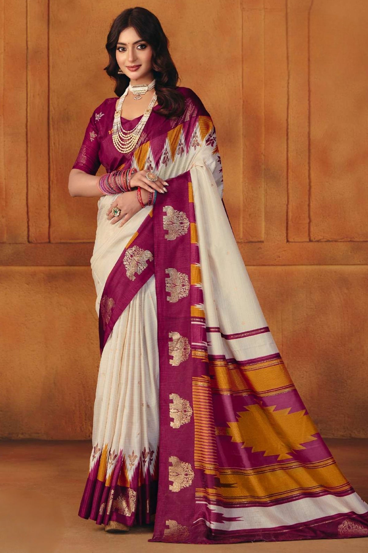 Buy White Manipuri Foil Work Saree for women by Aastha Fashion online available at scrollnshops