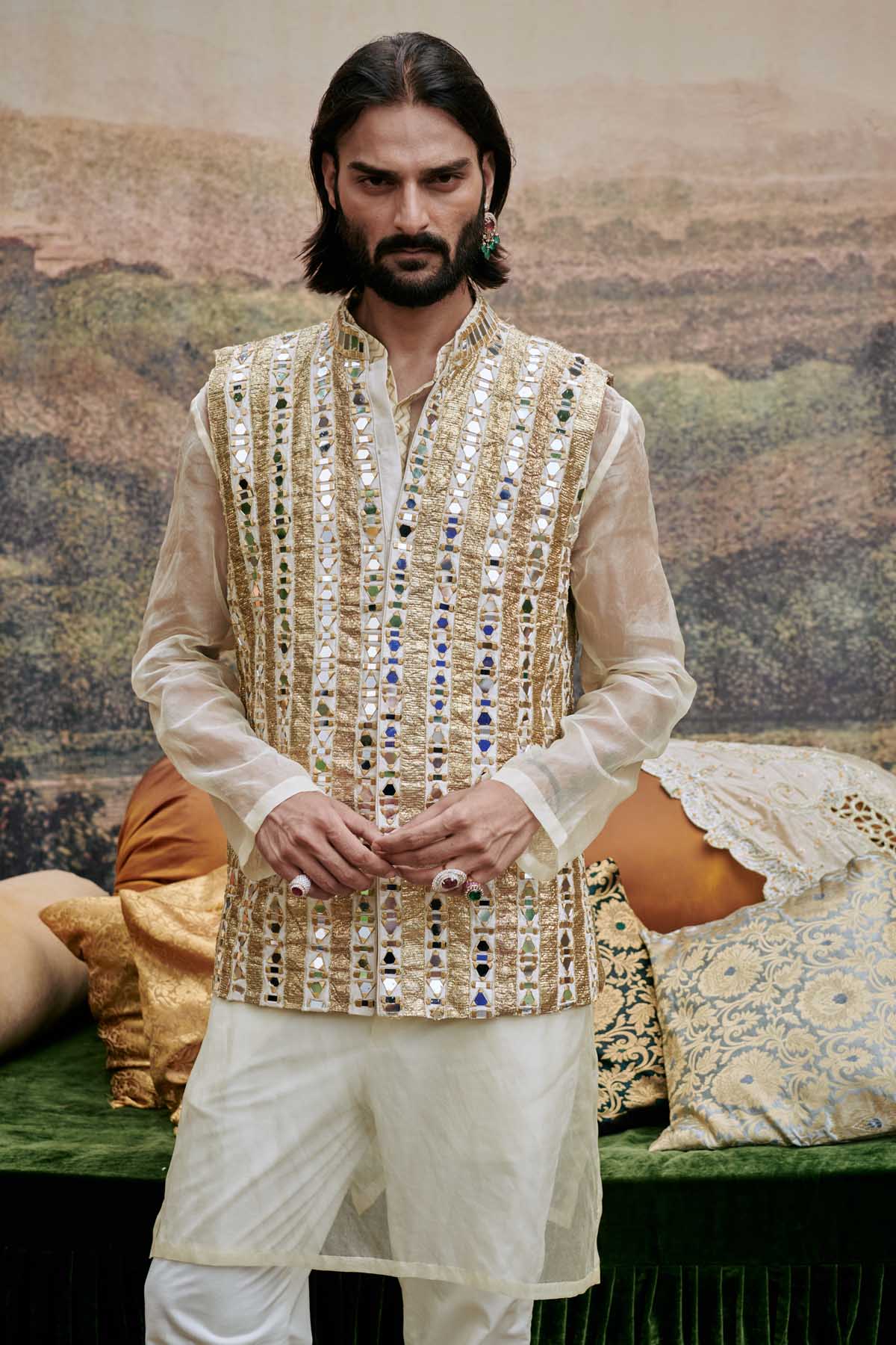 White Mirror Work Jacket Set