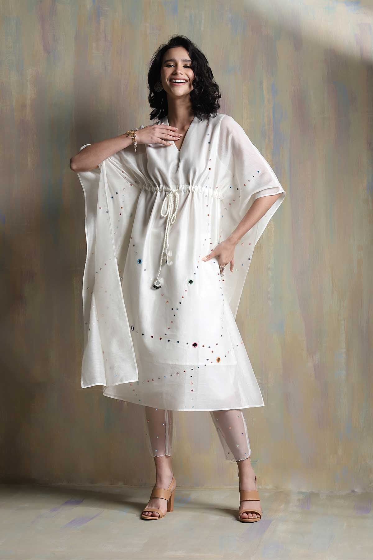 Buy White Mirror Work Kaftan Set Online