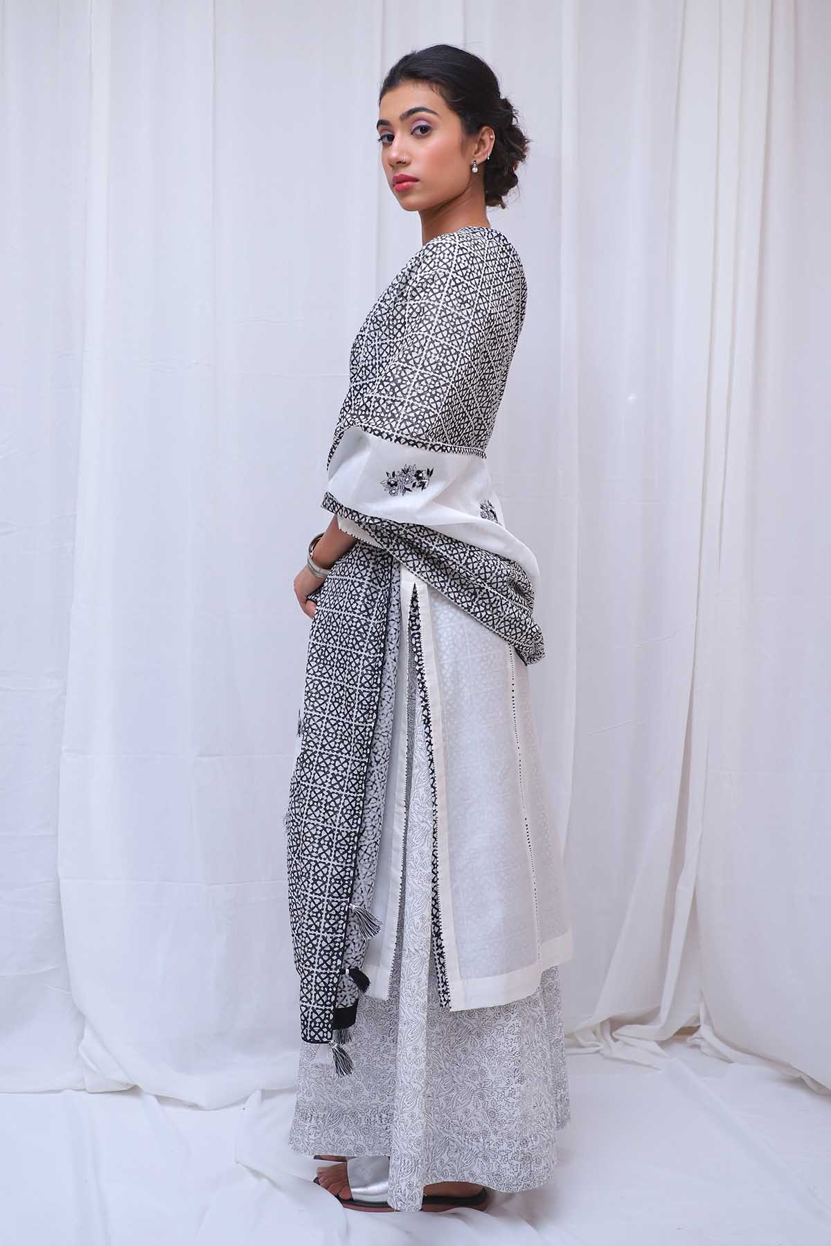 White Mirror Work Long Kurta Set