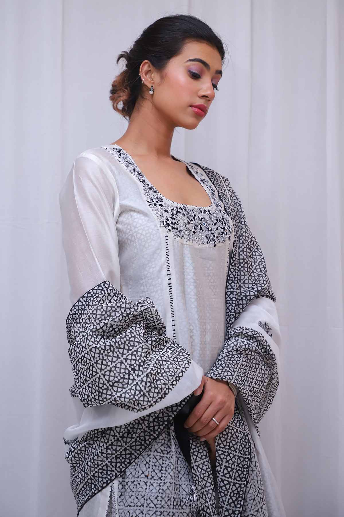White Mirror Work Long Kurta Set