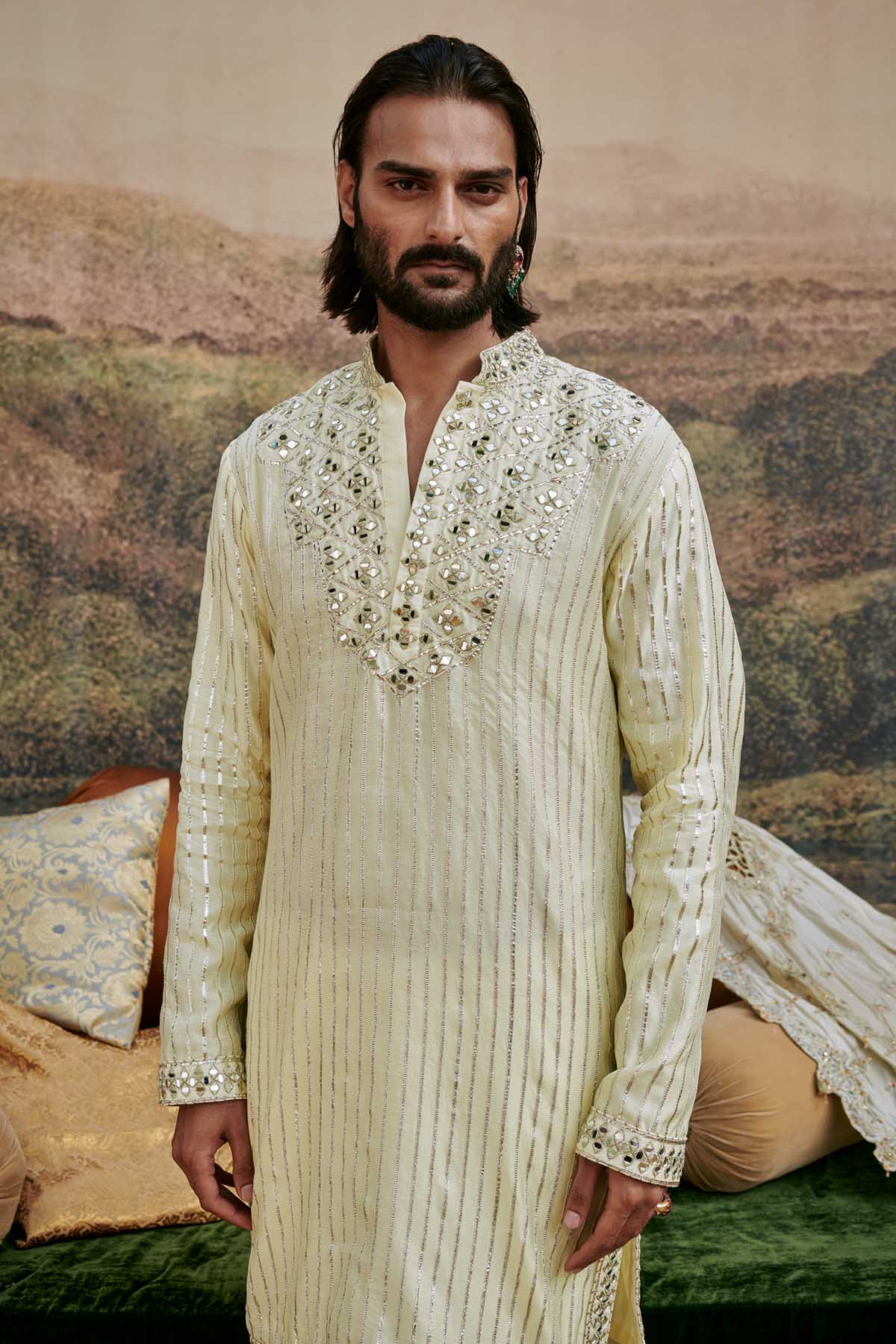 Buy ITRH, Designer White Mirror Work Yoke Kurta Set Online