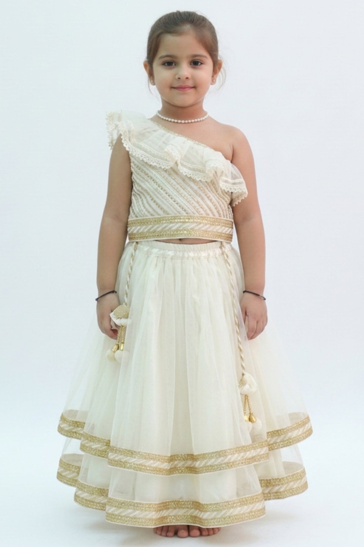 Buy White Off Shoulder Lehenga Set for Kid by ViYa online available at scrollnshops