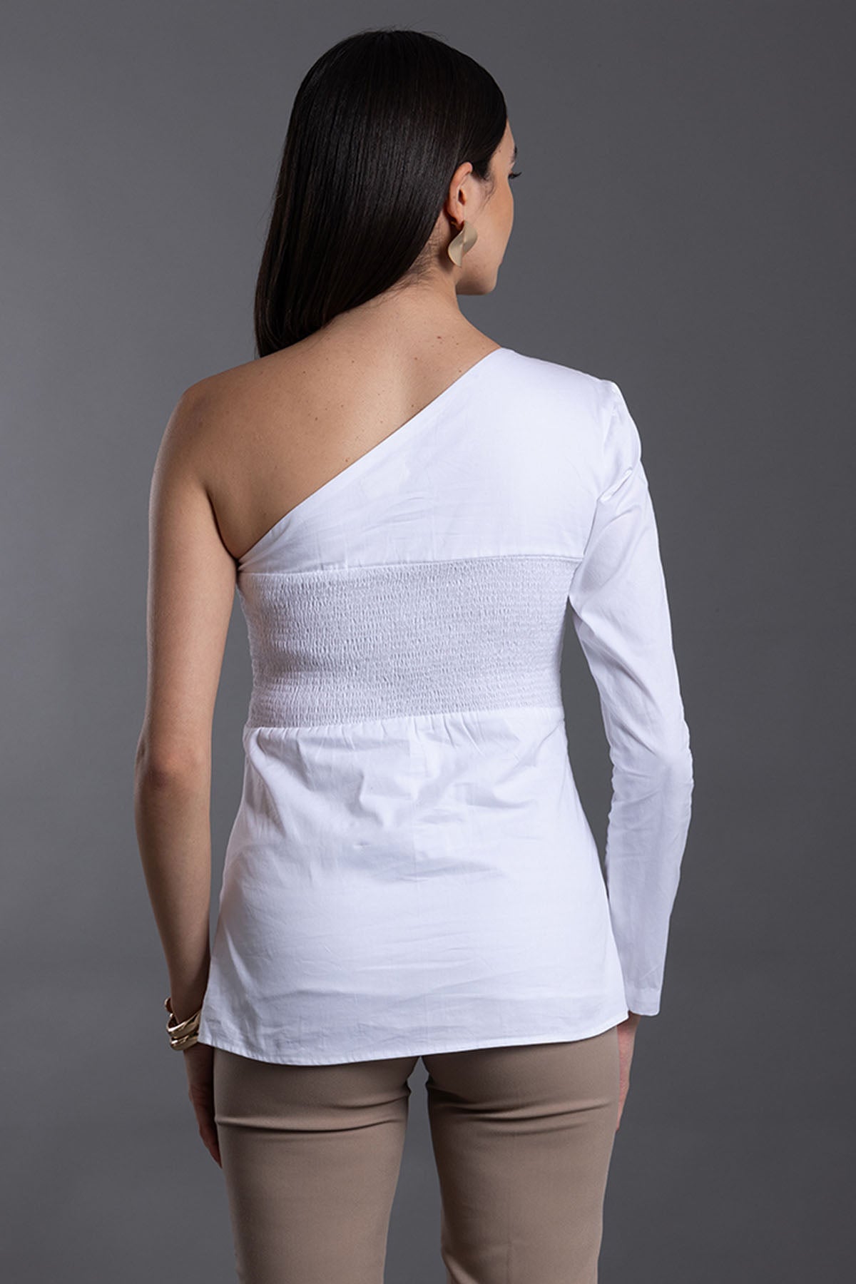 White One Shoulder Pleated Top