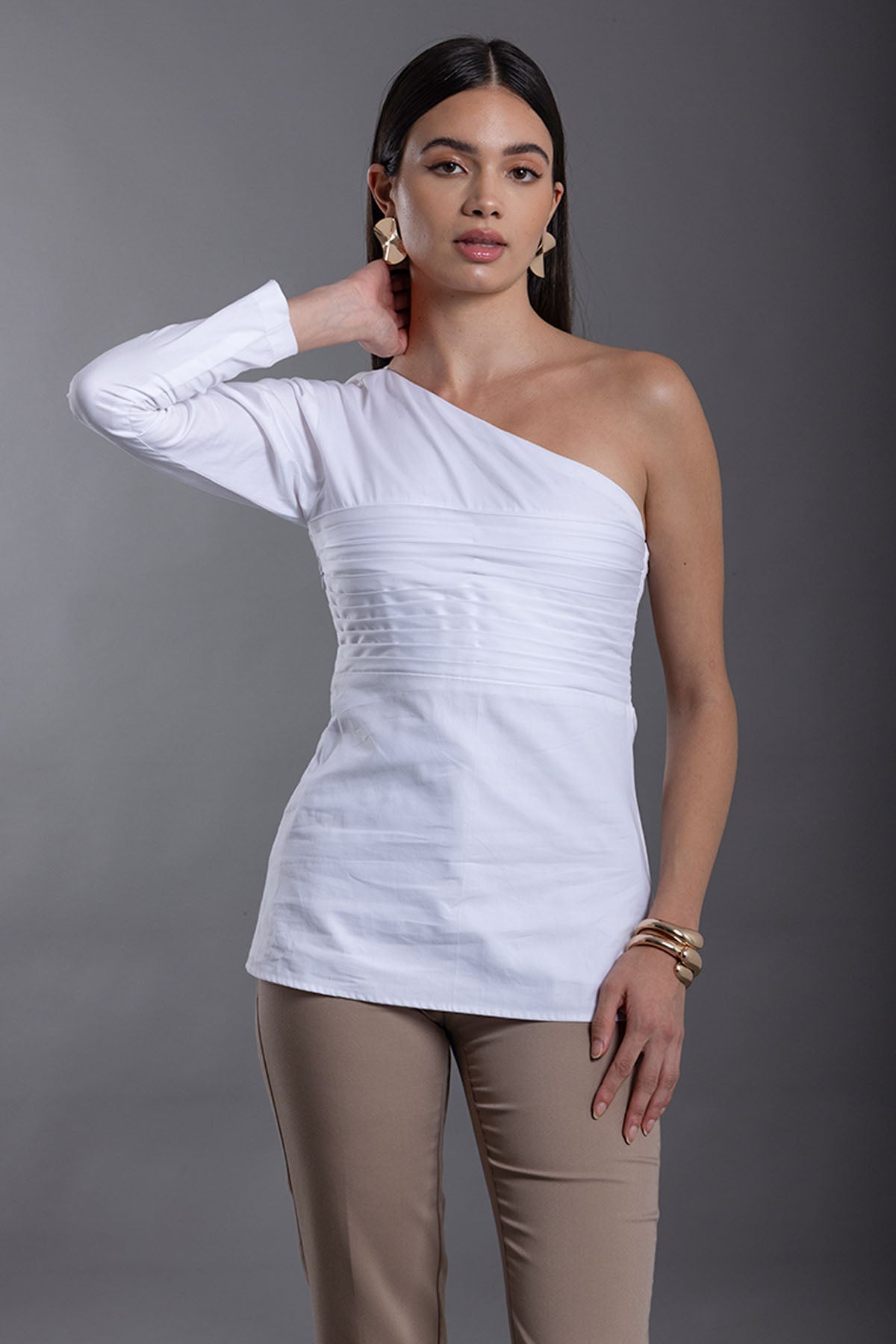 Vanten White One Shoulder Pleated Top for women online at ScrollnShops