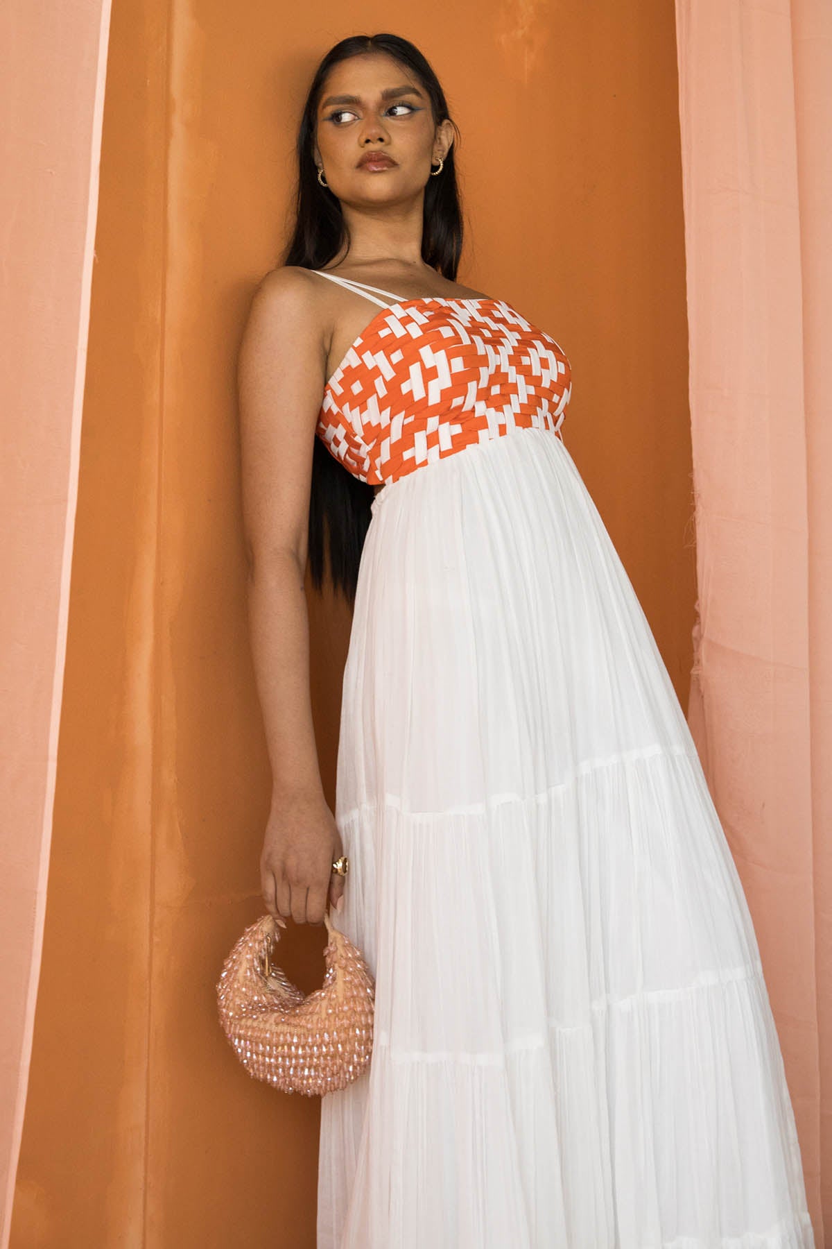 White & Orange Tiered Maxi Dress