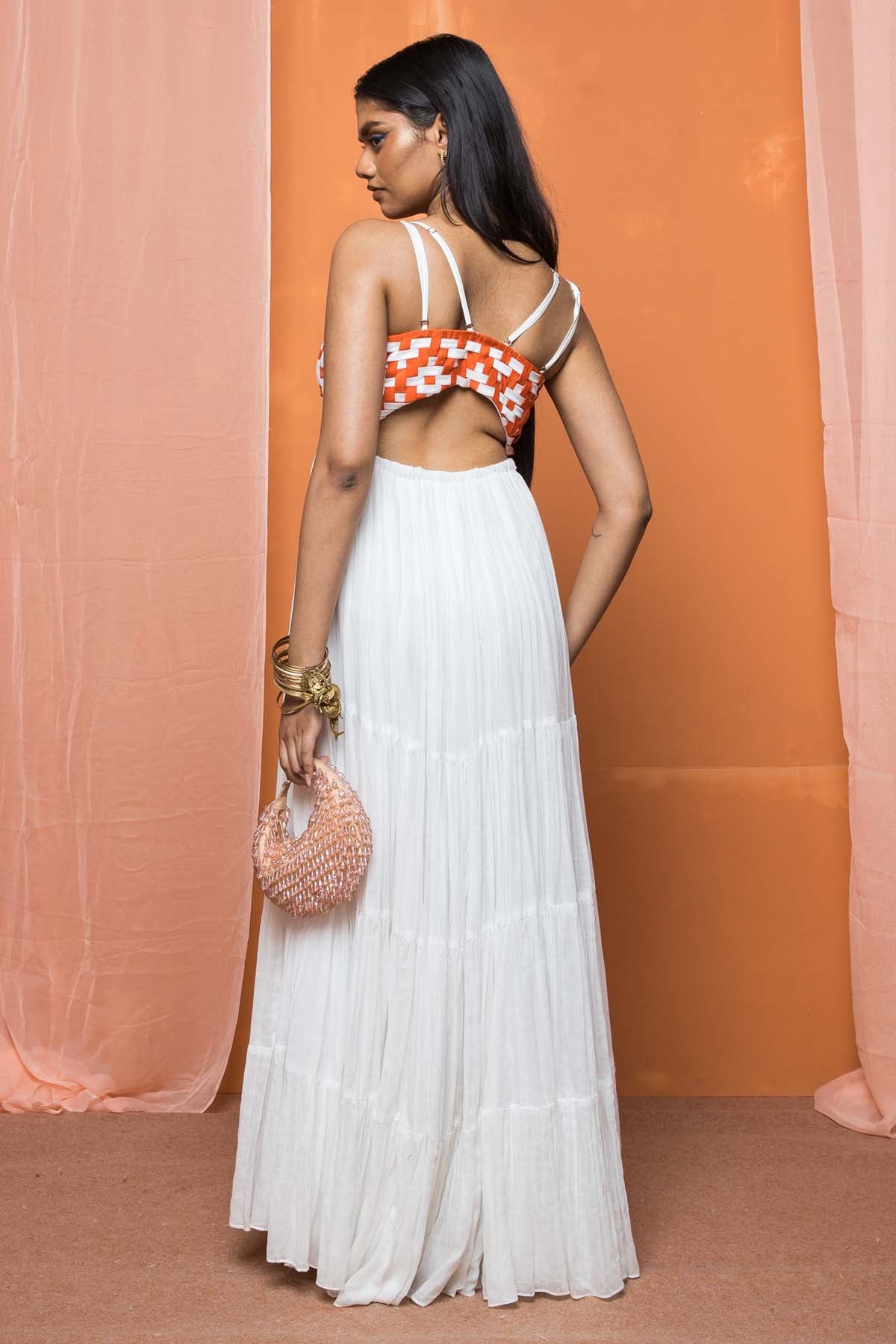 White & Orange Tiered Maxi Dress