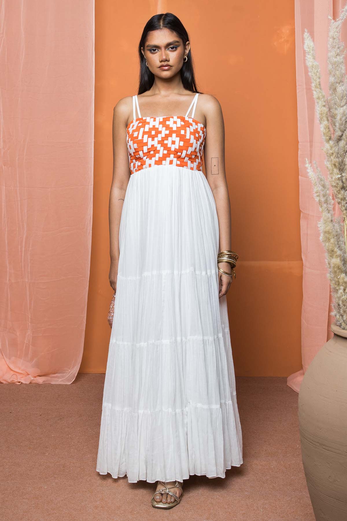 Shivanii White & Orange Tiered Maxi Dress for women online at ScrollnShops