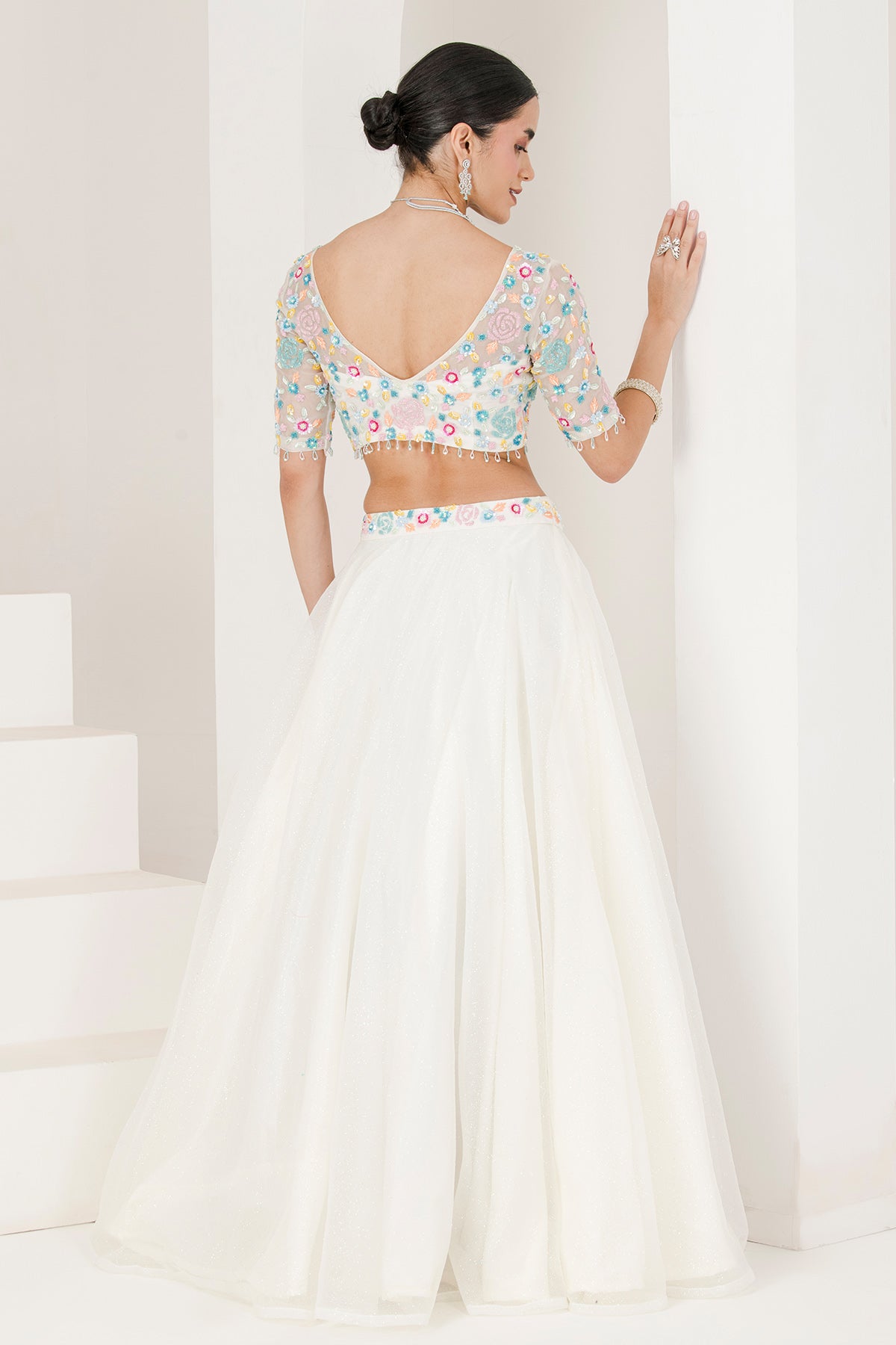 White Organza Floral Lehenga Set