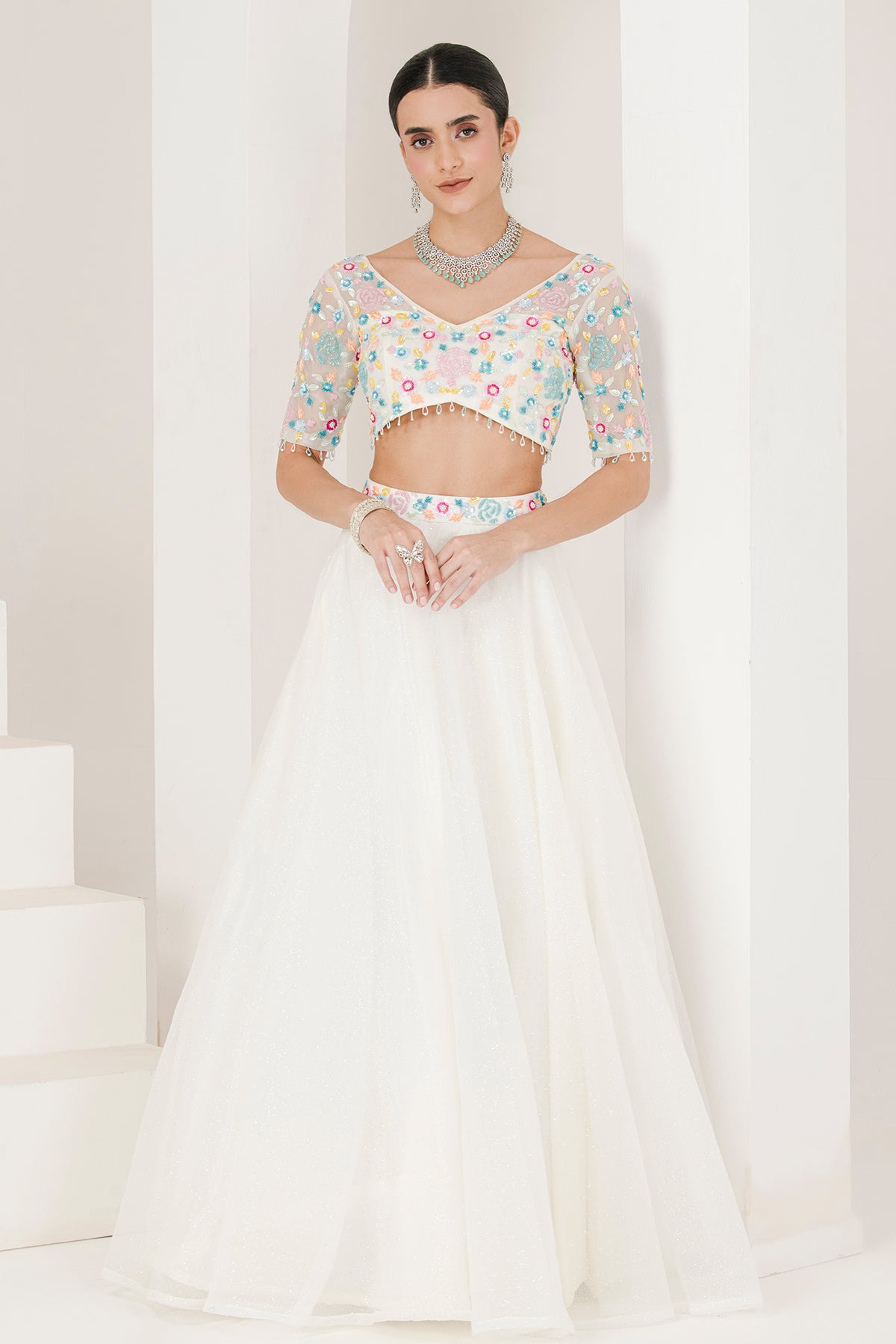 White Organza Floral Lehenga Set