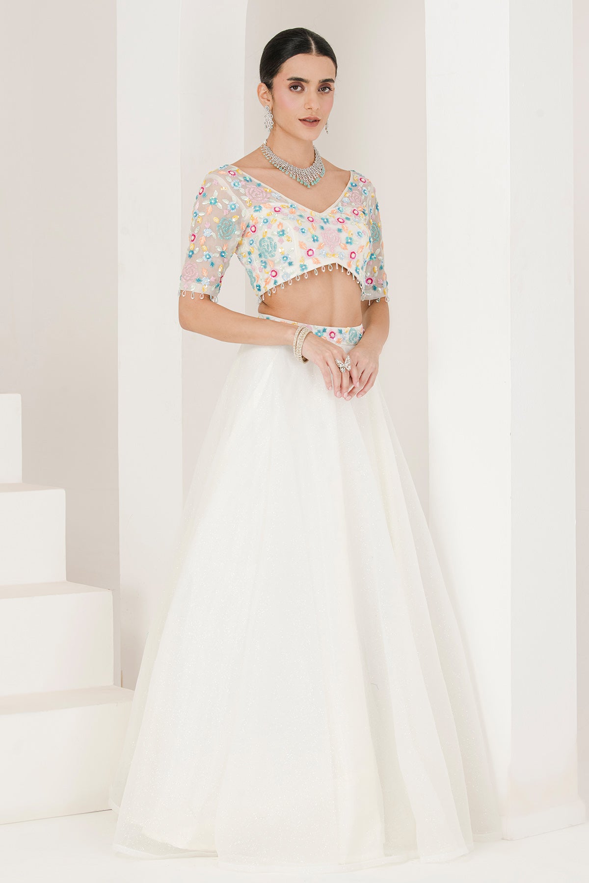 White Organza Floral Lehenga Set