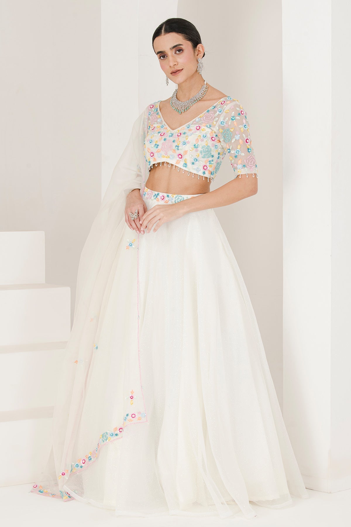 Buy White Organza Floral Lehenga Set by The Maive for women online at ScrollnShops