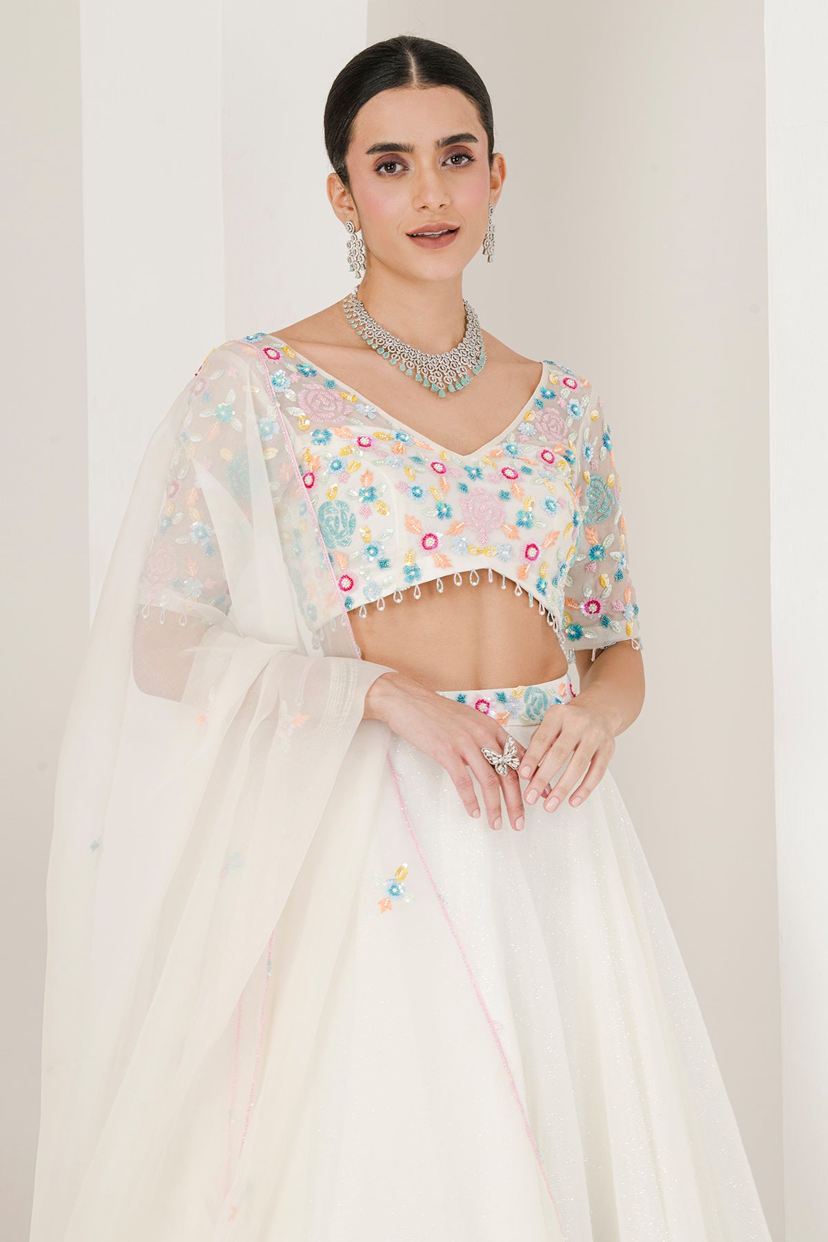 White Organza Floral Lehenga Set