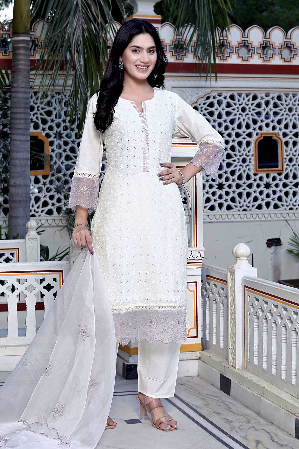 White Organza Sequins Kurta Set