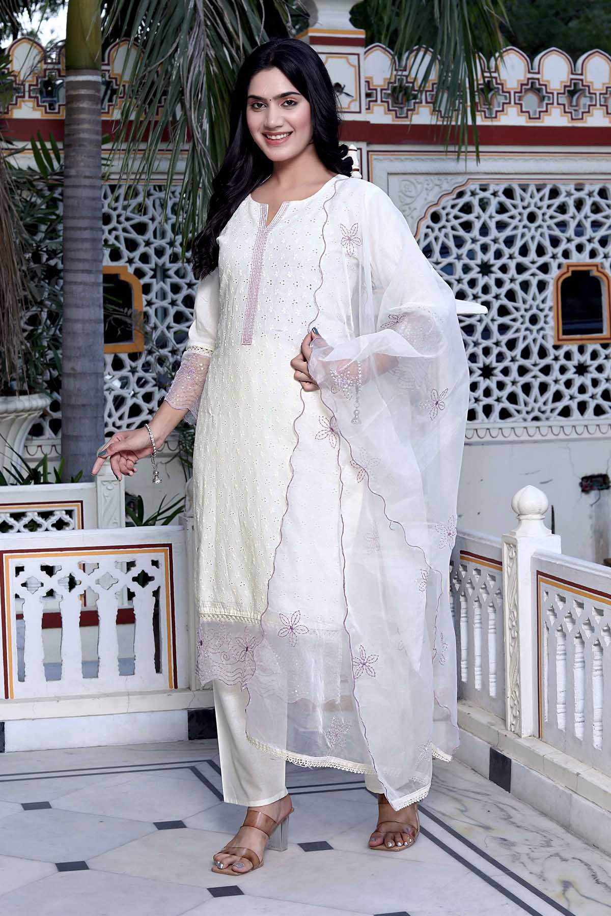 White Organza Sequins Kurta Set