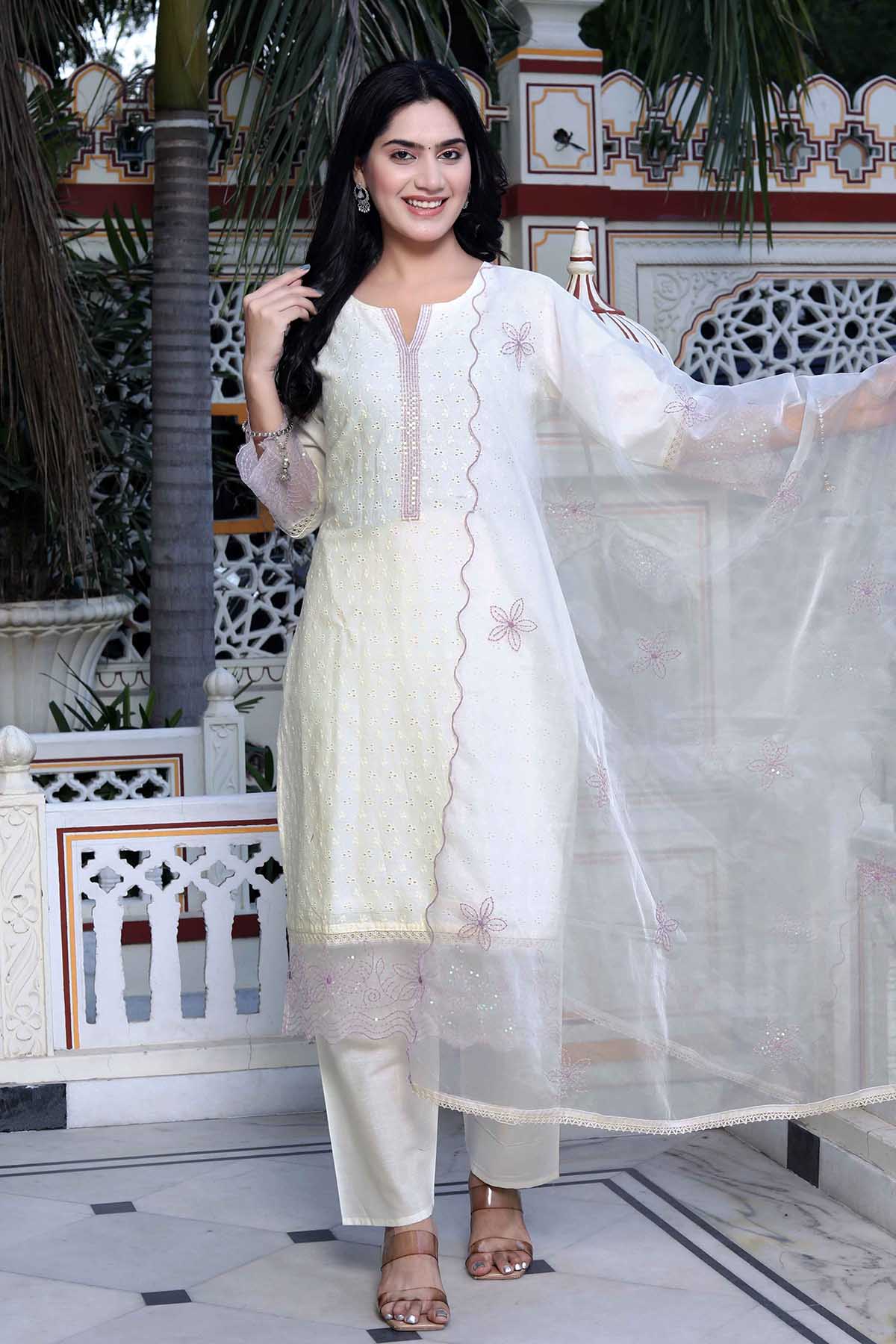 Buy White Organza Sequins Kurta Set by Miravan for women online at ScrollnShops