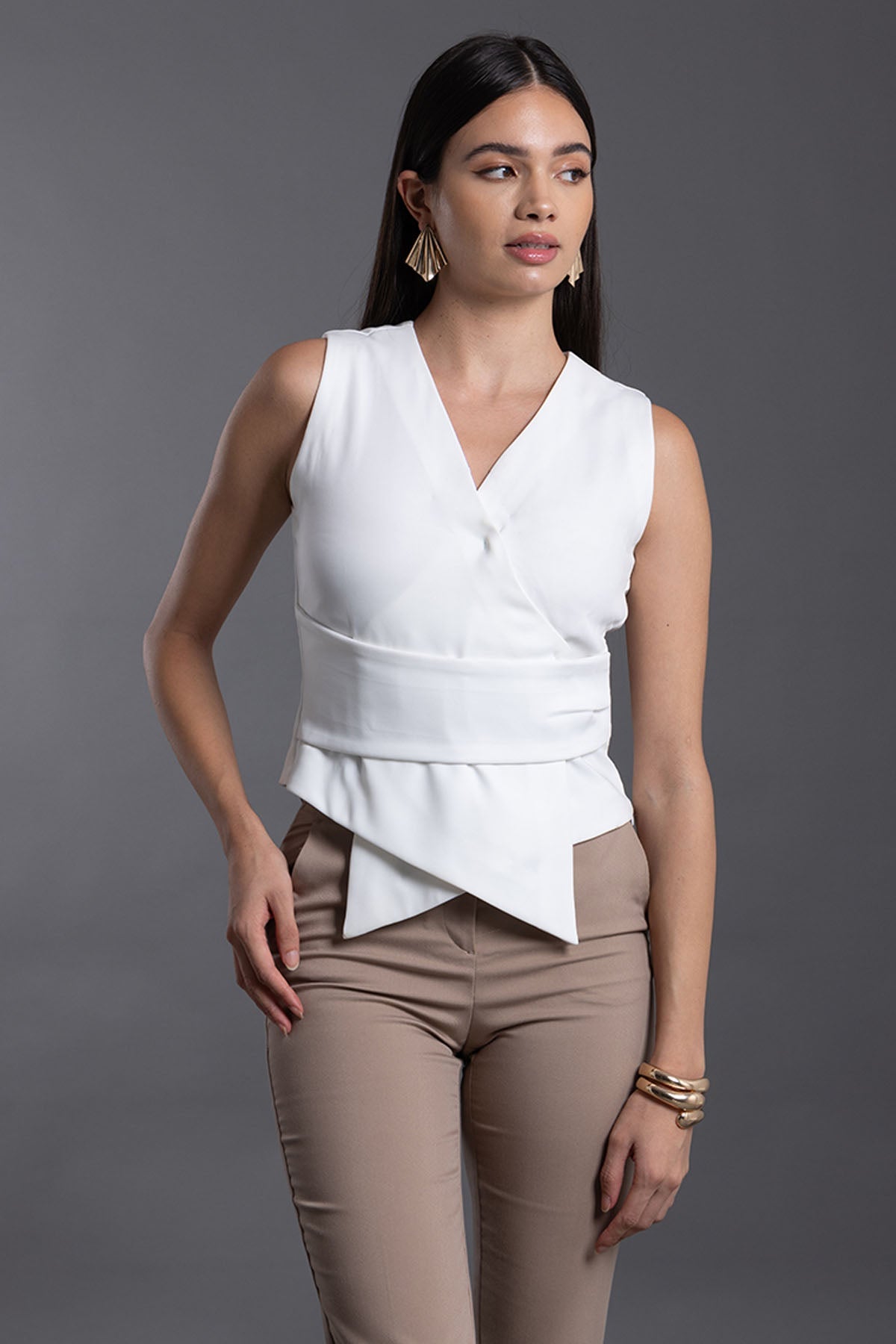 Vanten White Overlap Sleeveless Top for women online at ScrollnShops