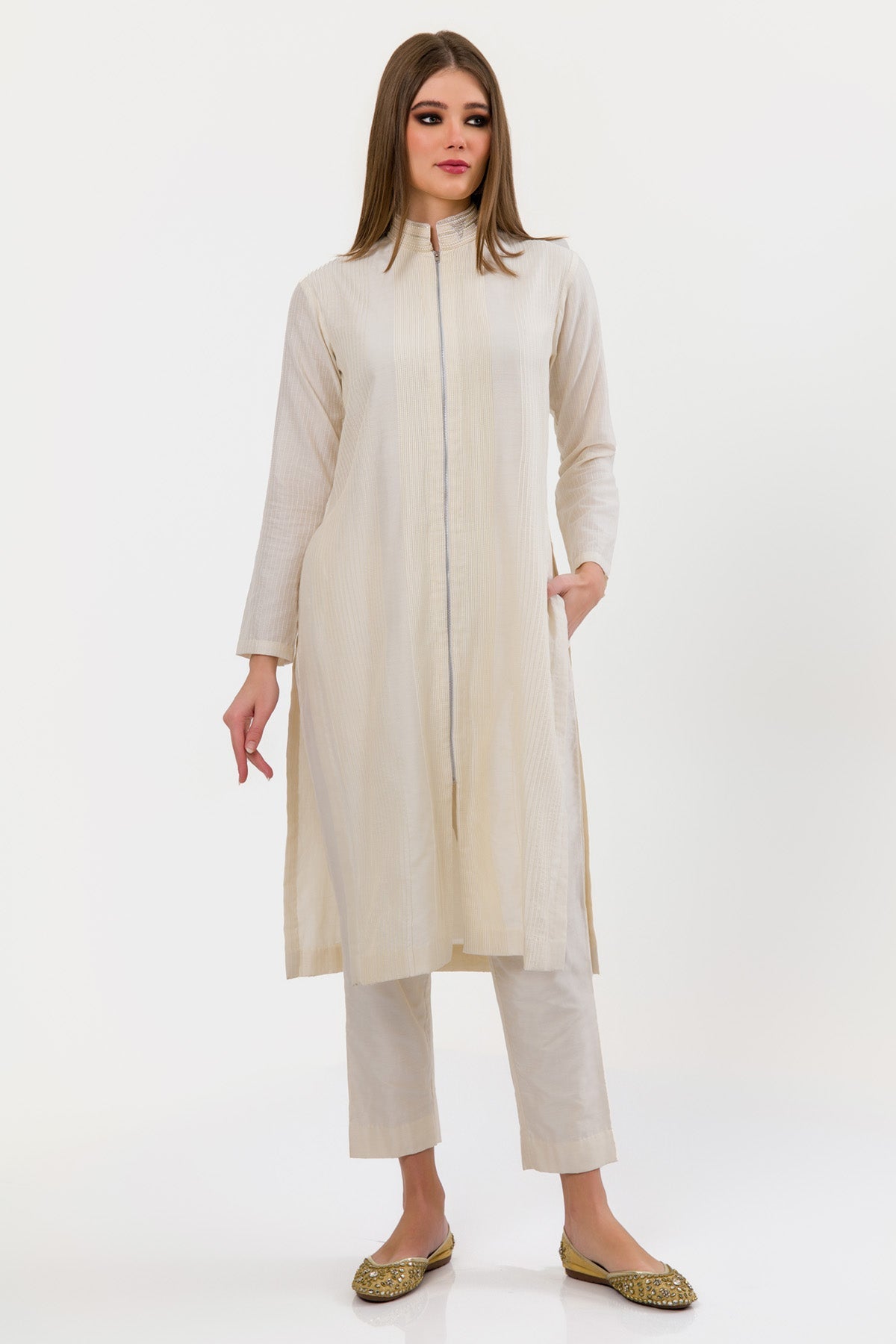 Buy Rasha White Pearl Pintucks Kurta Set for Women Online at ScrollnShops