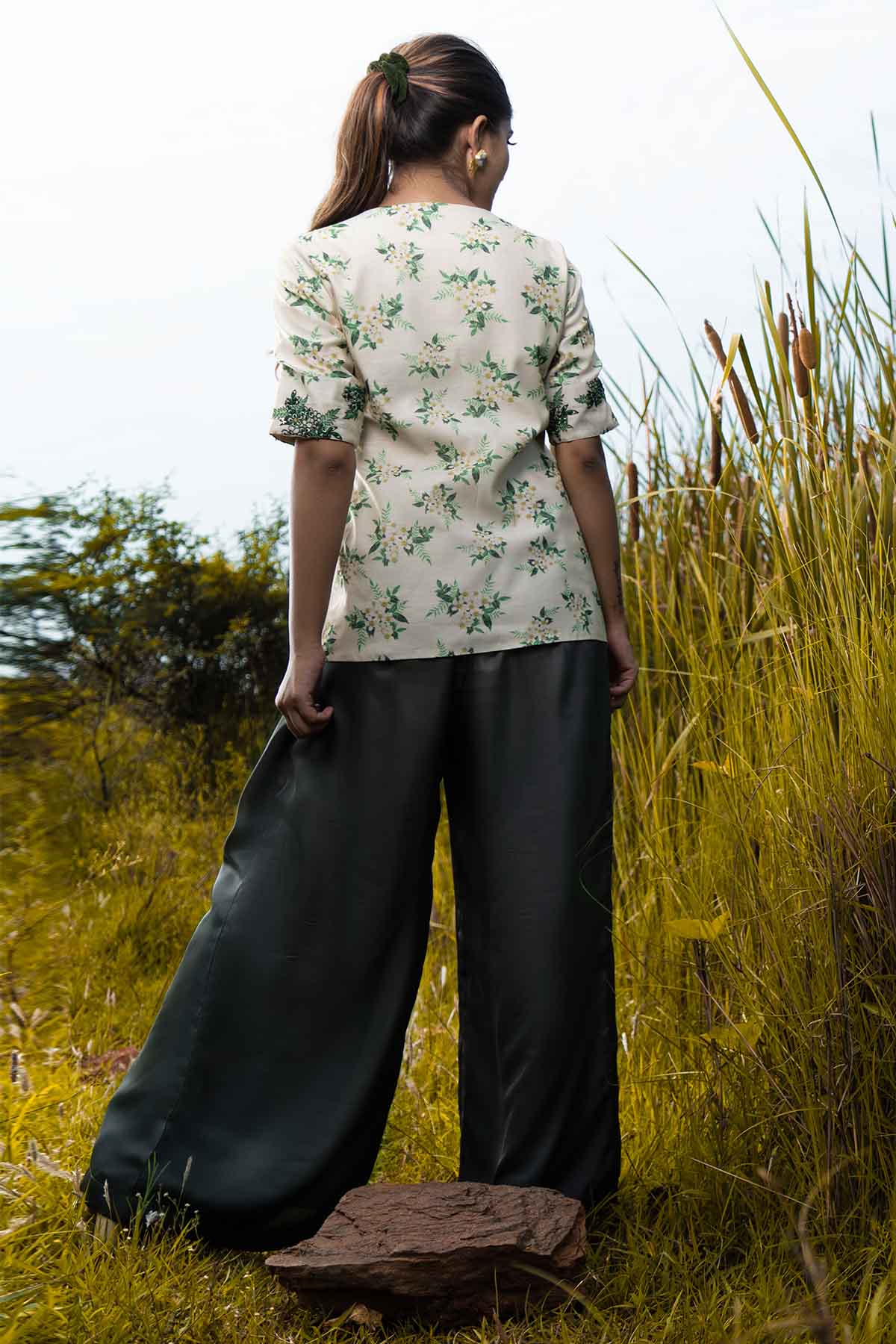 White Peplum Top & Grey Pants