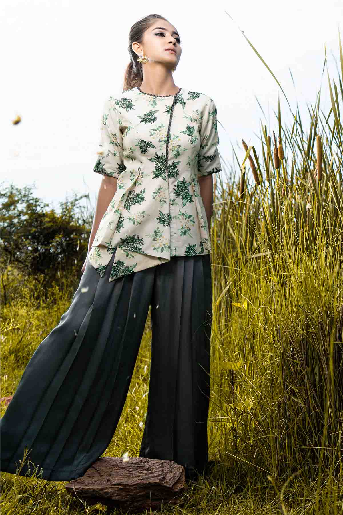 White Peplum Top & Grey Pants