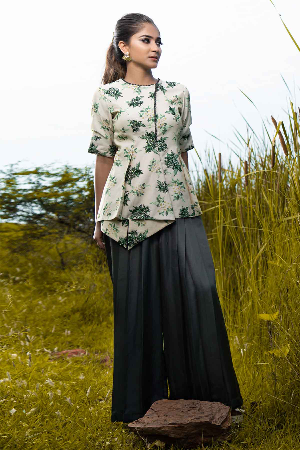 White Peplum Top & Grey Pants