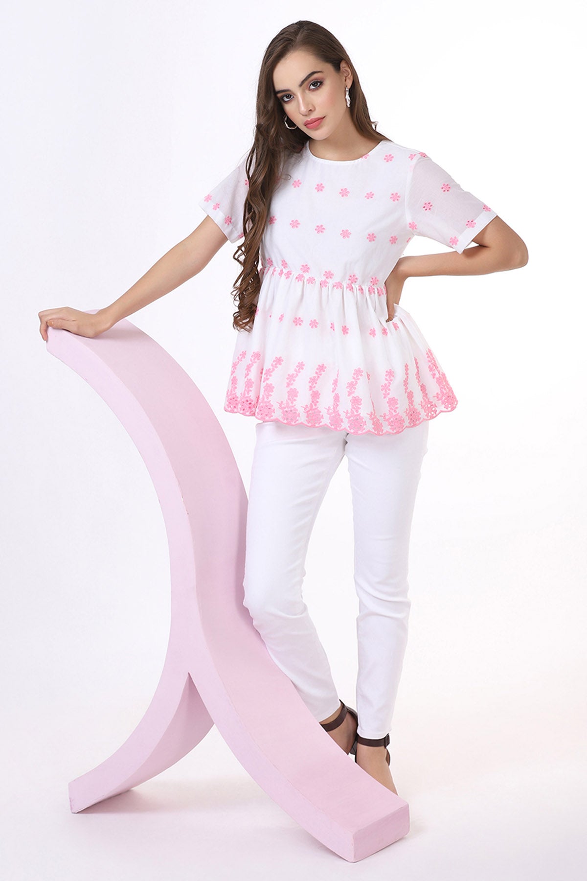 White & Pink Cotton Peplum Top