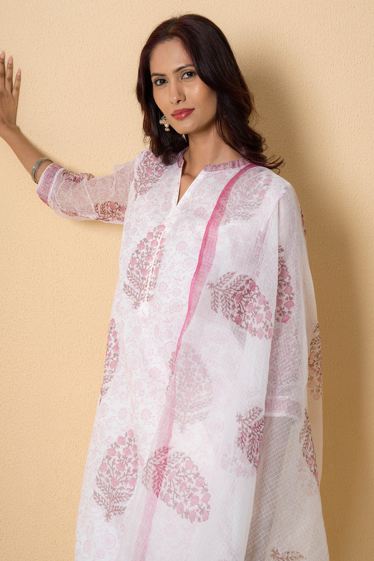 White & Pink Floral Kurta Set