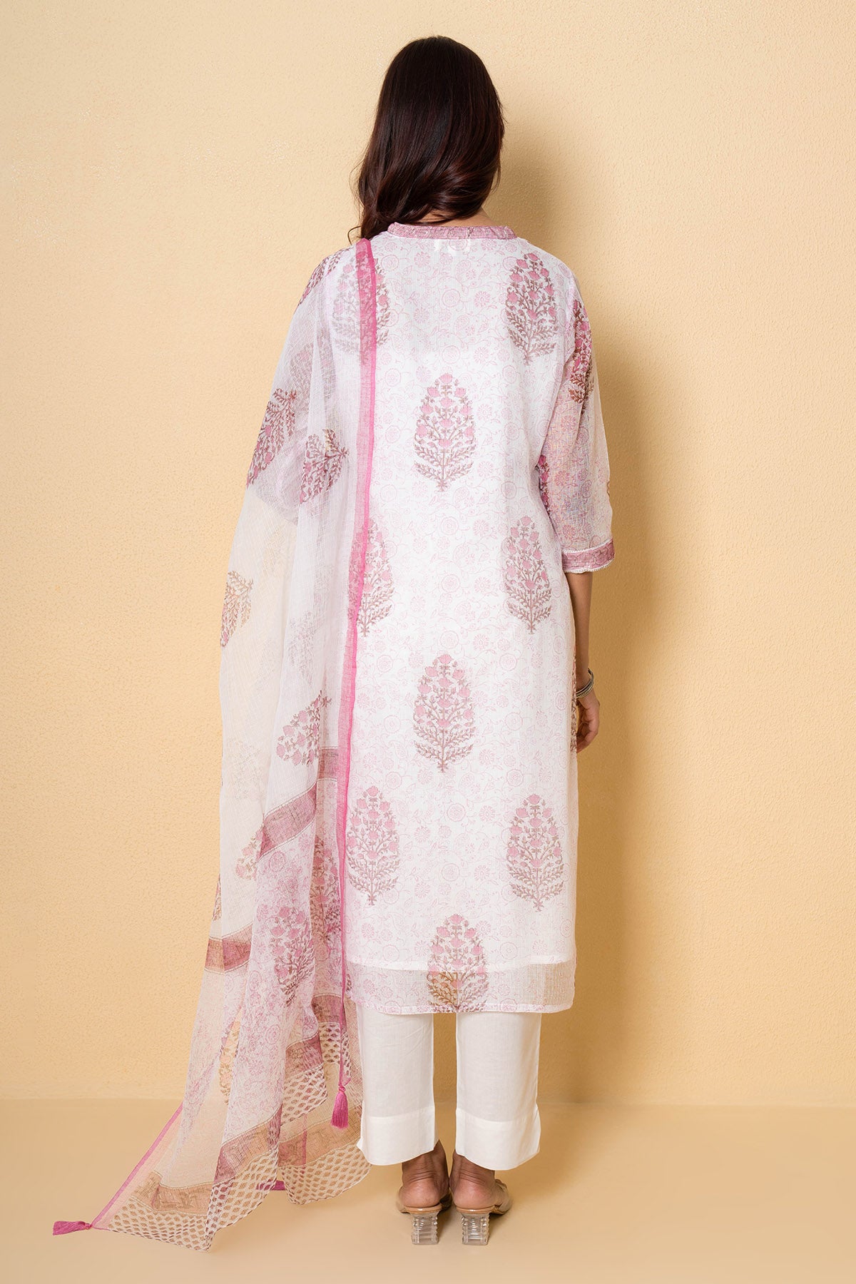 White & Pink Floral Kurta Set
