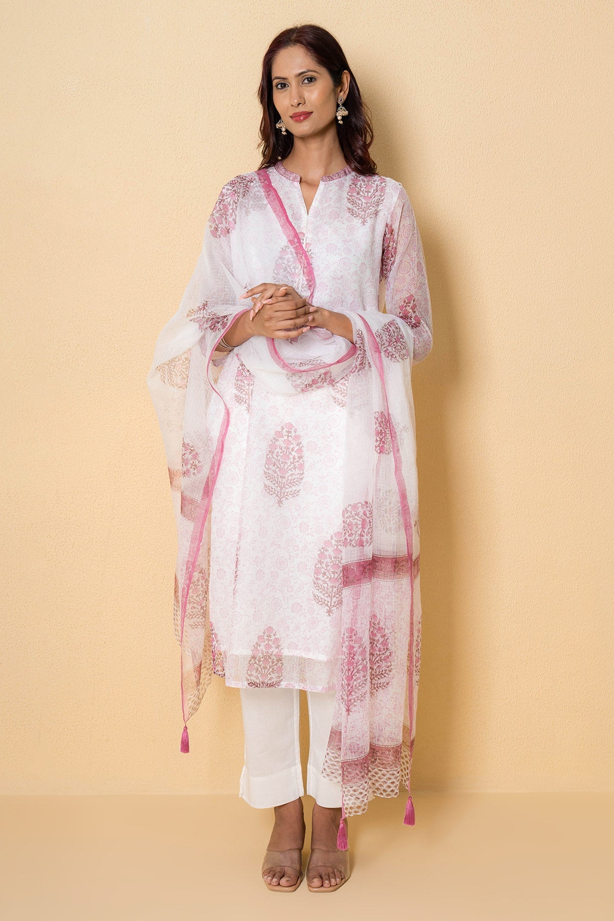 Buy White & Pink Floral Kurta Set for Women Online at ScrollnShops