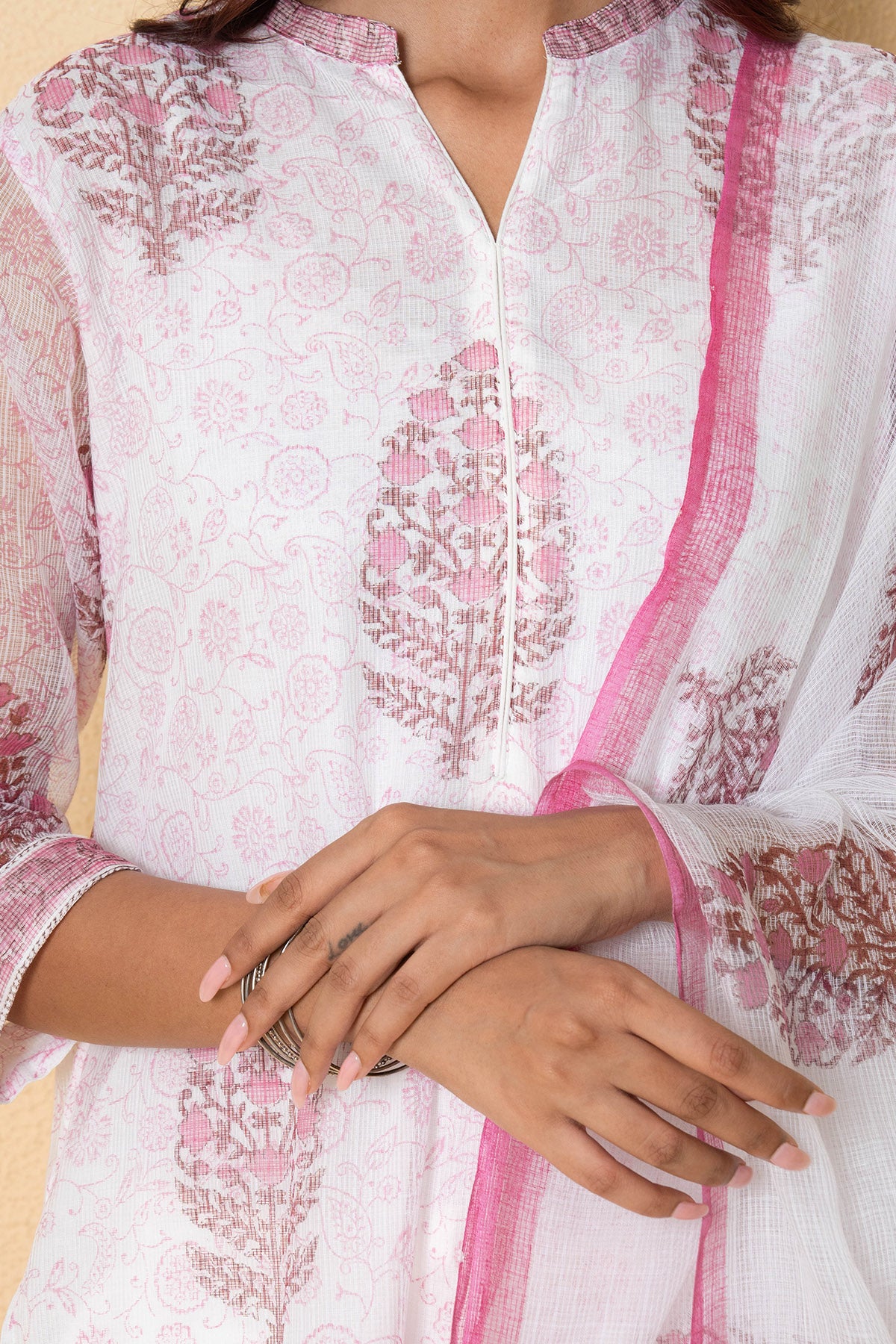 White & Pink Floral Kurta Set