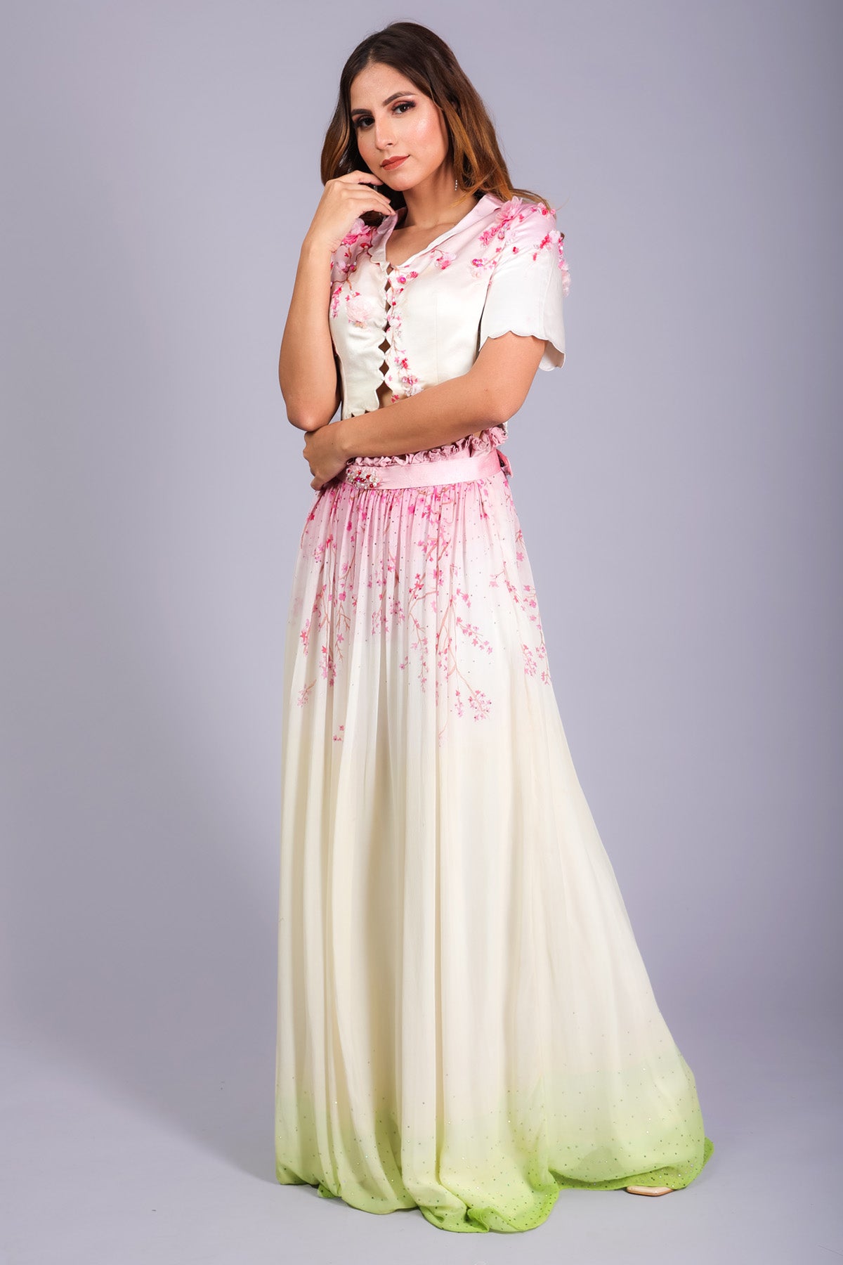 Etti Kapoor White & Green Stain Print Skirt Online