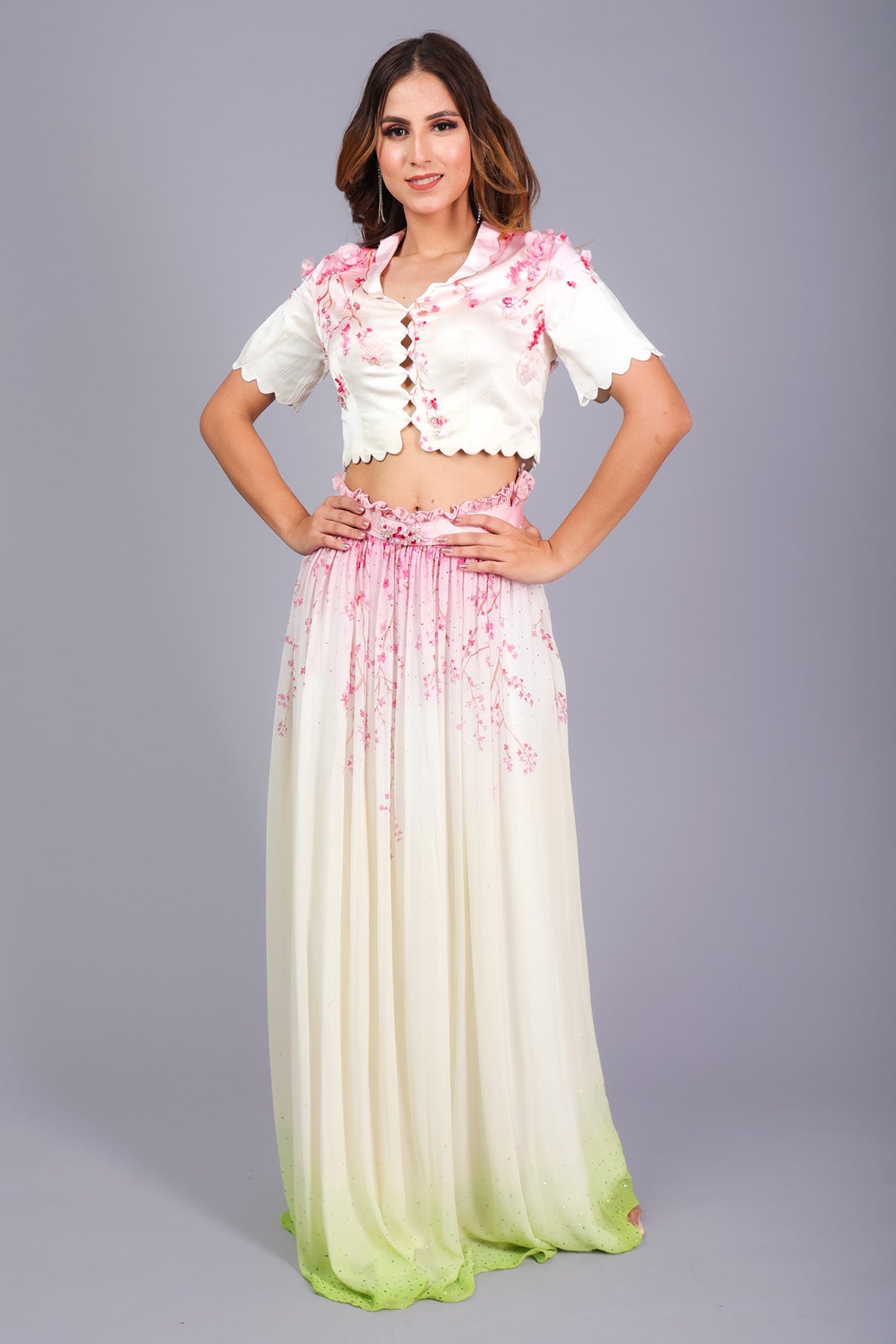 Etti Kapoor White & Pink Print Top & Skirt Online