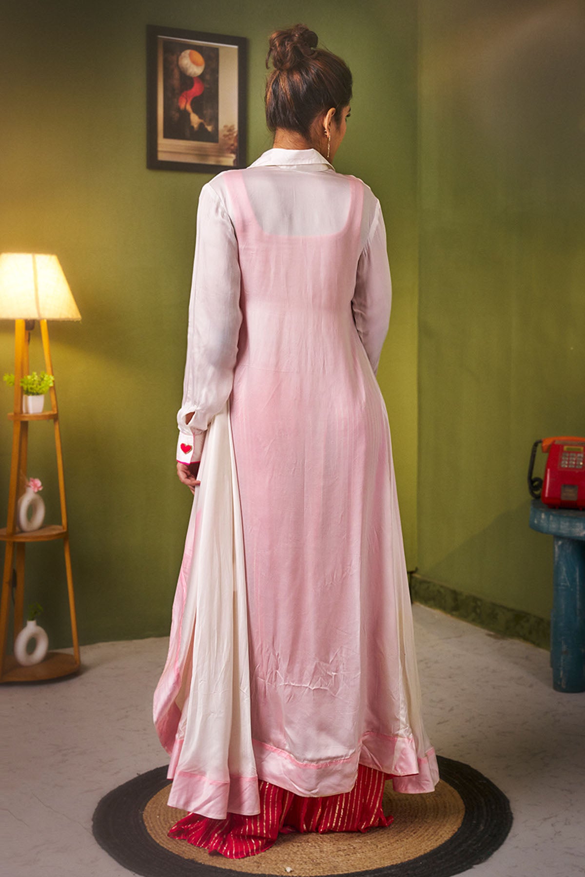 White Pink Satin Indo-Western