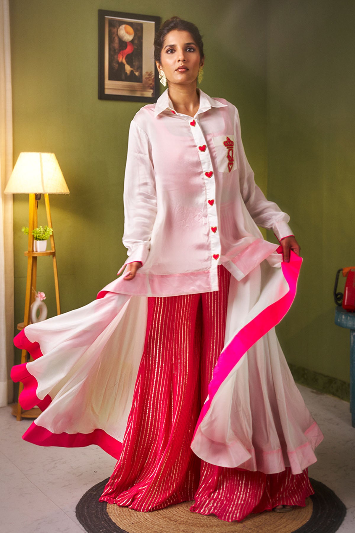 White Pink Satin Indo-Western