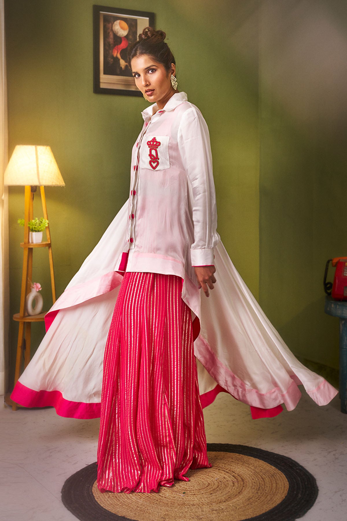 White Pink Satin Indo-Western