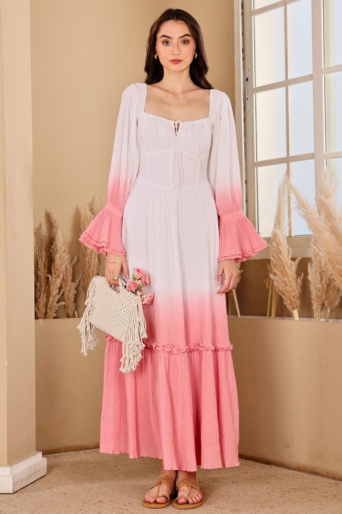 White & Pink Tie Detailed Dress