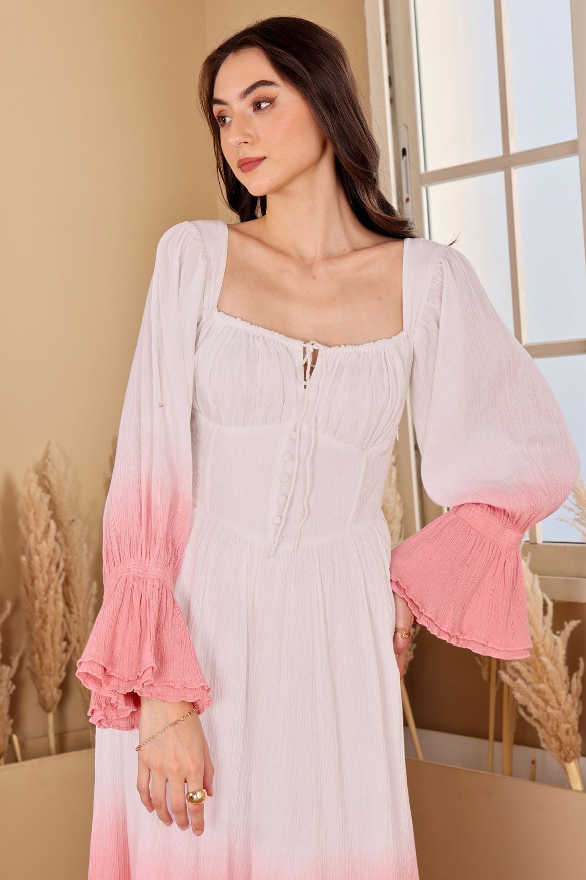 White & Pink Tie Detailed Dress