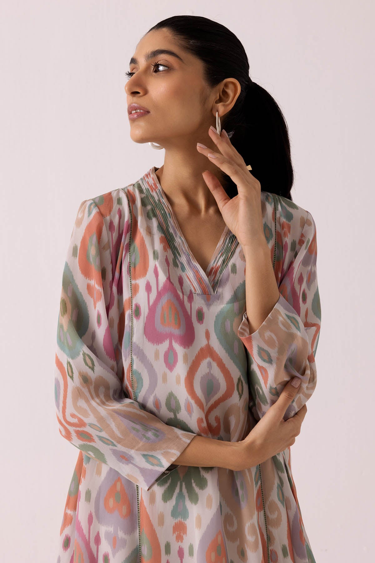 White Pintuck V-neck Kurta Set