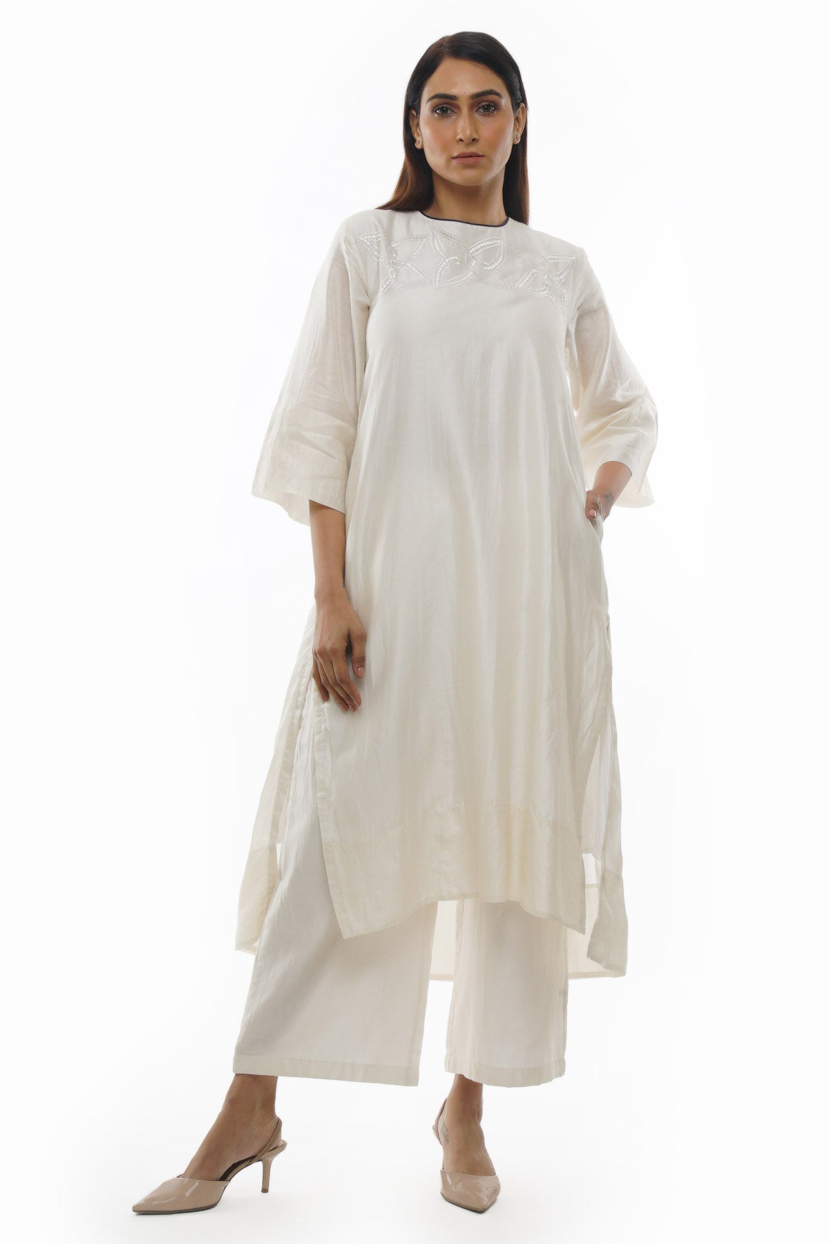 White Pleated Long Kurta Set