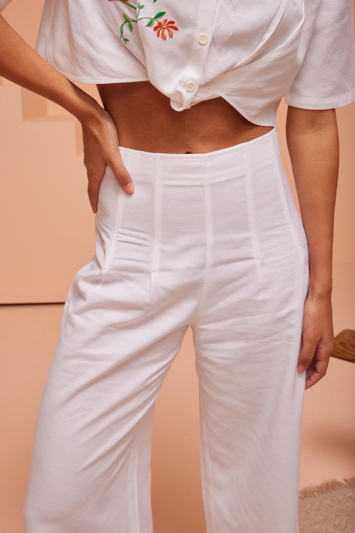 White Wide-Leg Pleated Pants