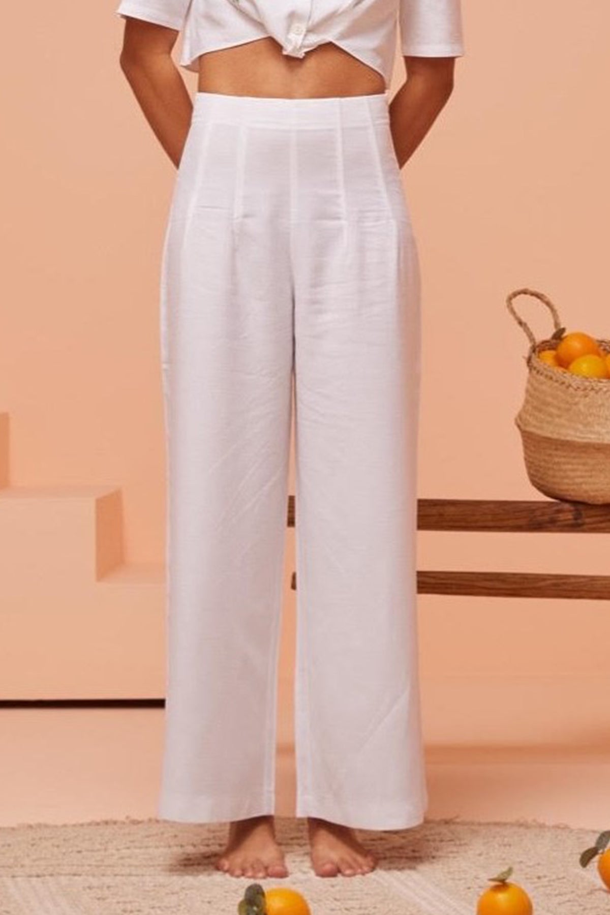 White Wide-Leg Pleated Pants
