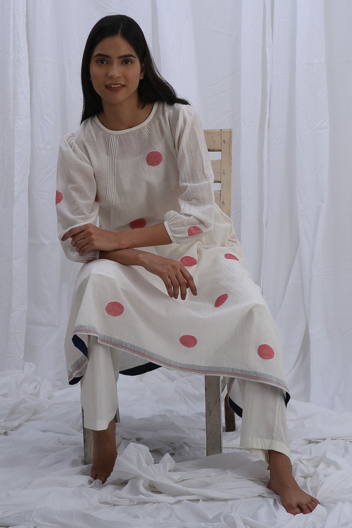 White Polka Dot Print Kurta Set