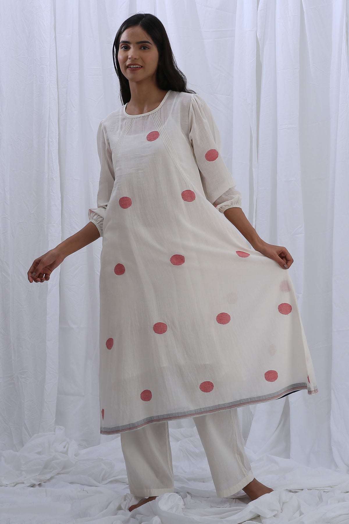 Khat Clothing White Polka Dot Print Kurta Set for women online at ScrollnShops